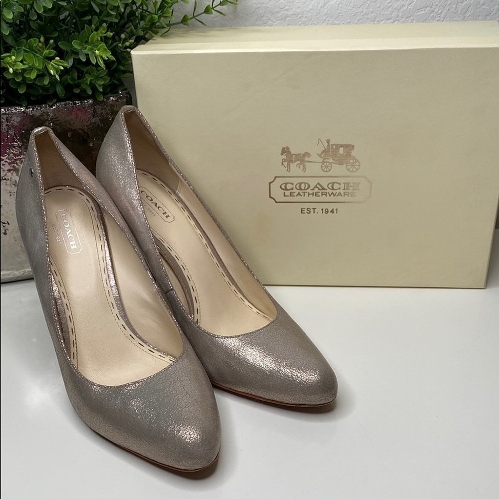 Coach Adina Crackled Metallic Champagne Leather Pointed Toe Pumps Shimmer Sz 10